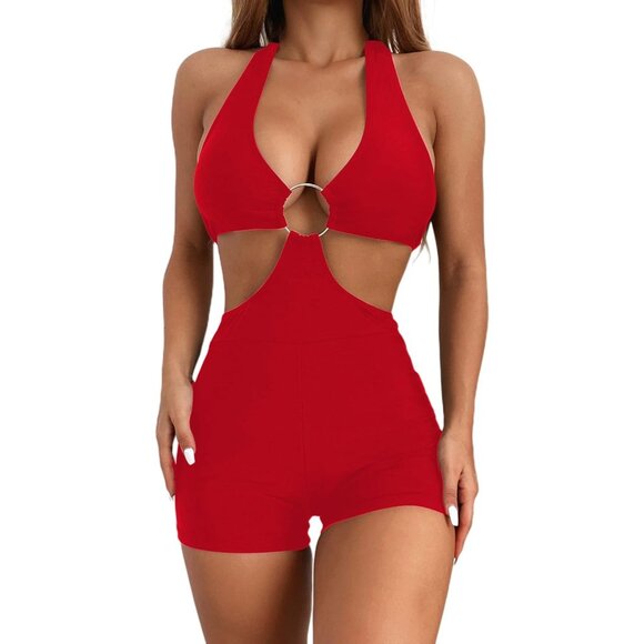 Womens Red Polyester Blend Halter One Piece Tropical Boy Shorts Cut Out - Picture 1 of 5